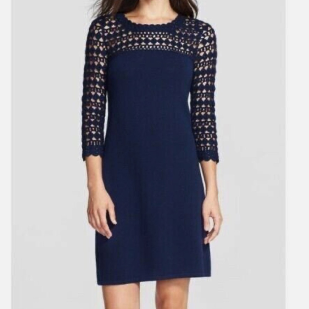 Sweater Dress Shift -  Kariana Crochet Yoke 3/4 Sleeve Dress M Navy Merino Wool